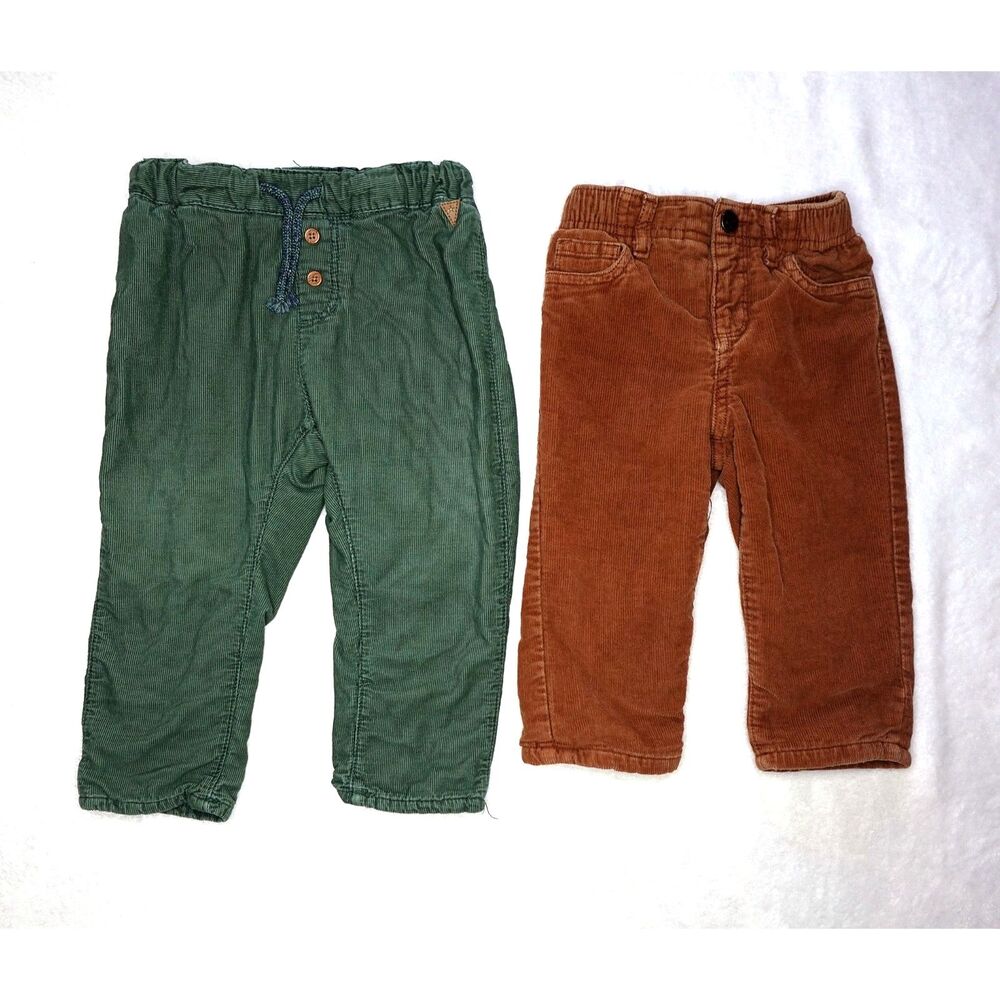 Corduroy Toddler Pants 12-18M Lined Brown Green Thanksgiving Fall Winter 2 Pairs